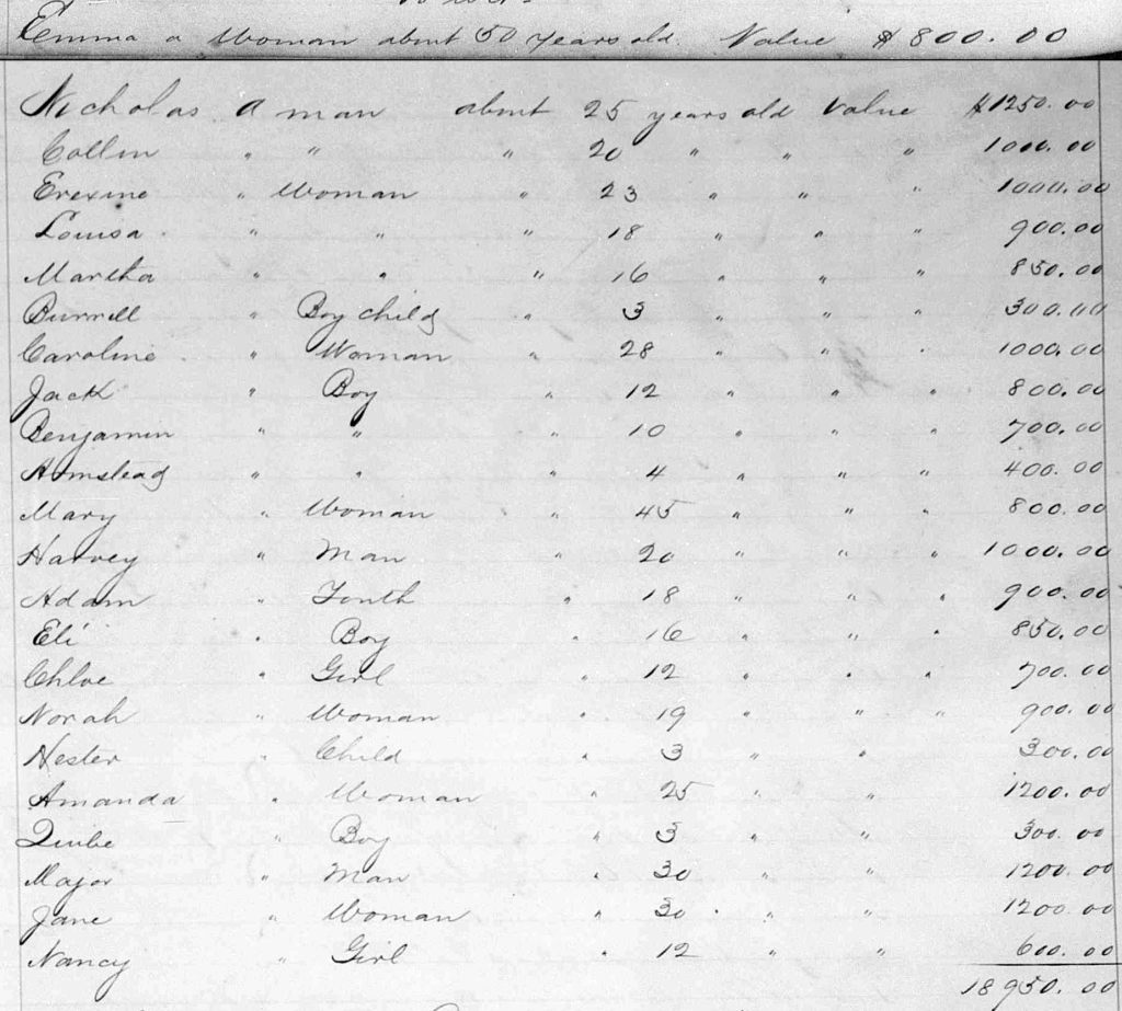 Recorded list of (formerly) enslaved persons, their ages and values.